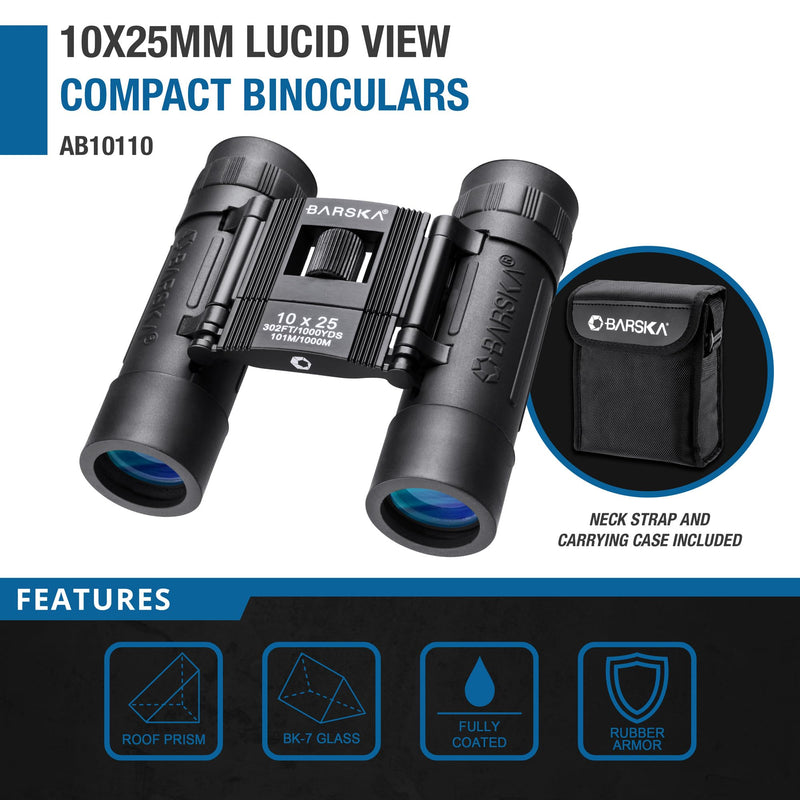 Barska Lucid View 10x25 Compact Binoculars – Lightweight Folding Design with Fully Coated Optics & Rubber Armor – Ideal for Travel, Hiking, Hunting & Sports Black
