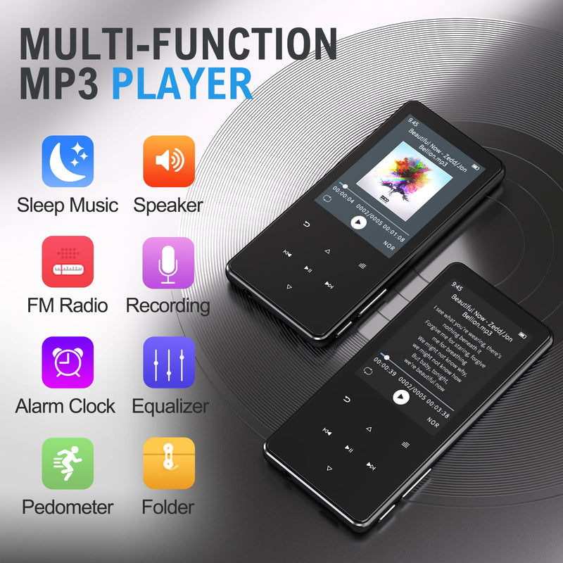 64GB MP3 Player with Bluetooth 5.3, Built-in White Noise Sounds, 2.4-inch Screen, Metal Body, Portable Music Player with Speaker, FM Radio, Voice Recorder, Shuffle, Support 128GB Micro SD Card Black