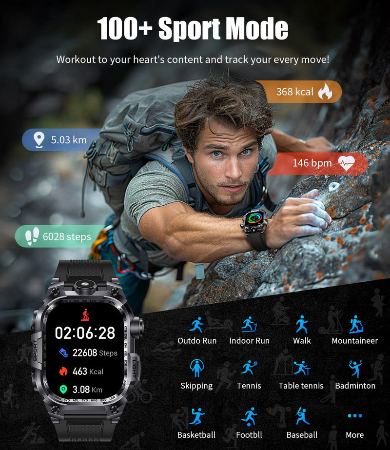 Men's Military Smart Watch (Answer/Make Calls) 2 Inch HD Screen Outdoor Sport Smartwatch with LED Flashlight 700mAh Battery,Heart Rate/Sleep Monitor Fitness,Green (Gray) Gray