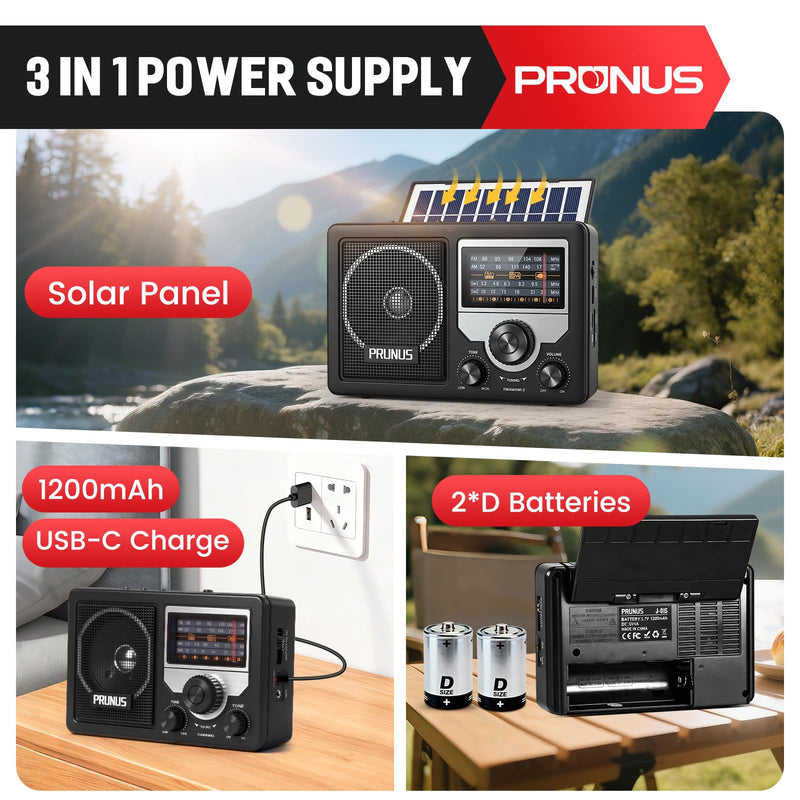 [AUSTRALIA] - PRUNUS J-81 AM FM Radio Portable Bluetooth, Solar/D Battery Operated/USB-C Rechargeable for Emergency, Transistor Radios with Headphone Jack,Support TF Card/USB Playing, Large Knob Easy to Use 