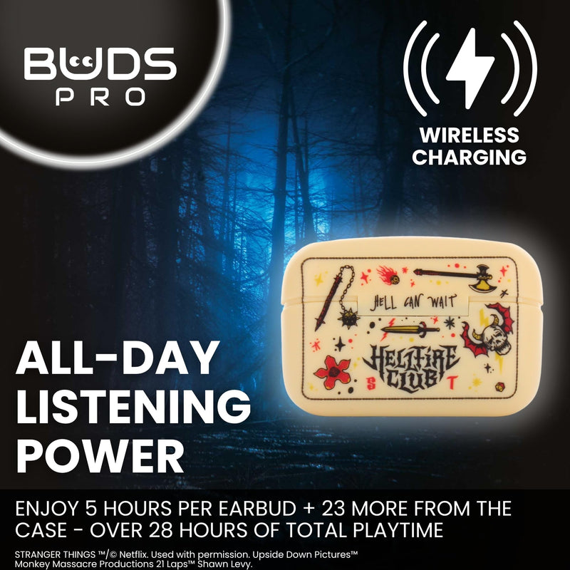 Buds Pro Stranger Things Hellfire Club Wireless Bluetooth EarBuds & Phone Holder - In Ear Headphones with Microphone, 28+ Hours Playtime, Active Noise Cancelling Earbuds, IPX4 Rating & Charging Case