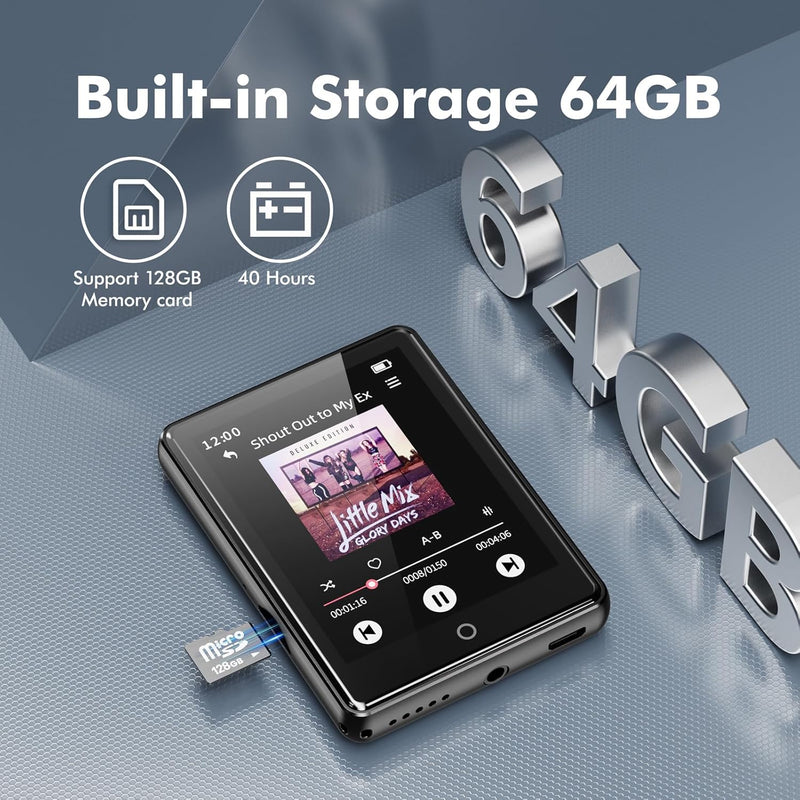 64GB MP3 Player with Bluetooth 5.3, Portable Music Player 2.4" Full Touchscreen with Speaker, FM Radio, Voice Recorder, E-Book (Earphones Included)