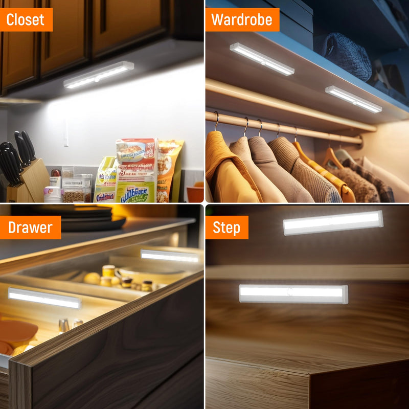 [AUSTRALIA] - Molrebe Motion Sensor LED Lights, 6 Pack Battery Operated 10 LED Motion Closet Light, Stick-On Anywhere Magnetic Night Light Bar for Closet Under Cabinet Kitchen Hallway Stairway Vanity Wardrobe White 