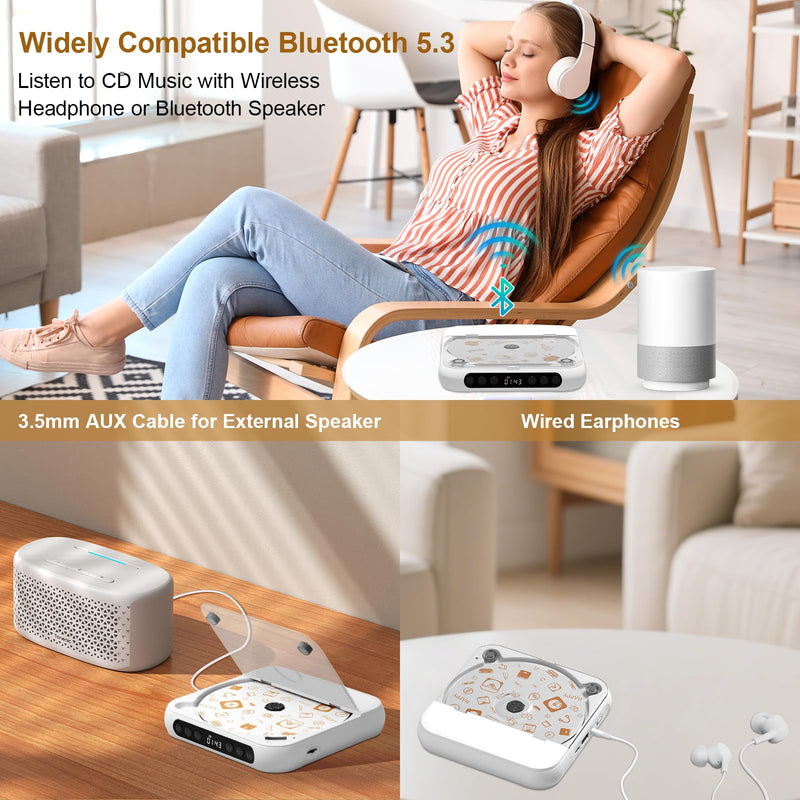 [AUSTRALIA] - Portable CD Player, Personal CD Player with Bluetooth for Home, Rechargeable Small CD Player with Headphones,Built-in HiFi Speakers, Support CD/AUX/USB, Anti-Skip/Shockproof 