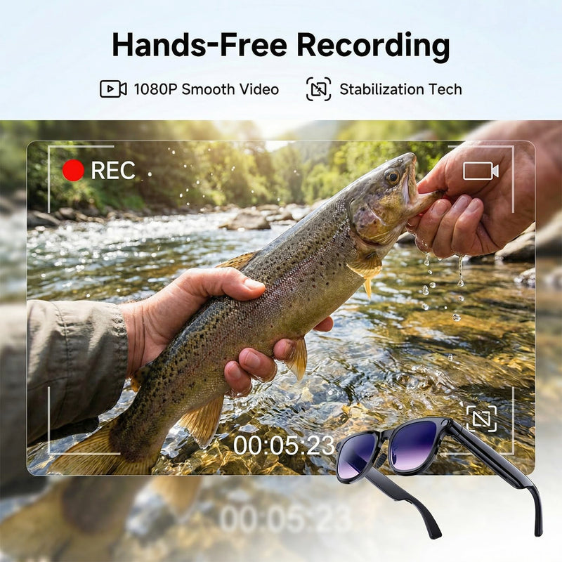 AI Smart Glasses with Camera, 8MP HD Bluetooth Camera Glasses for Women Men | 1080P Video Recording Sunglasses, Real Time Translation, Voice Assistant, Open Earbuds, Travel, Work, Vlog, (3 lenses) Piano black