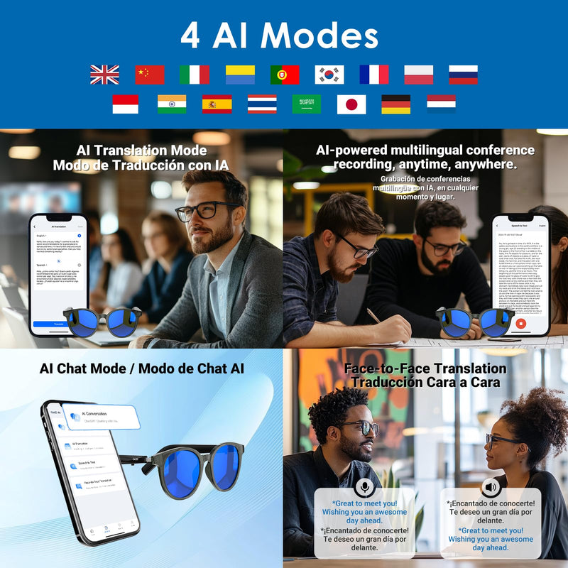 GetD AI Smart Glasses, 164 Languages Translation ChatGPT, Bluetooth, Blue | AI Sunglasses for Women Men, Real Time Translation, Bluetooth Open Earbuds, 11H Playtime, UV Protection, IPX4 Waterproof