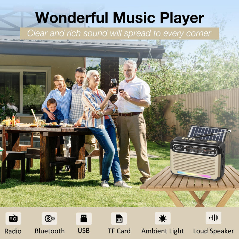 [AUSTRALIA] - G Keni Portable Solar Radio AM FM SW with Rechargeable Battery Operated, Shortwave Bluetooth Radio Strong Reception, USB/TF Card Input, Solar Panel, Big Speaker with Ambient Light (Golden&Black) Golden&Black 