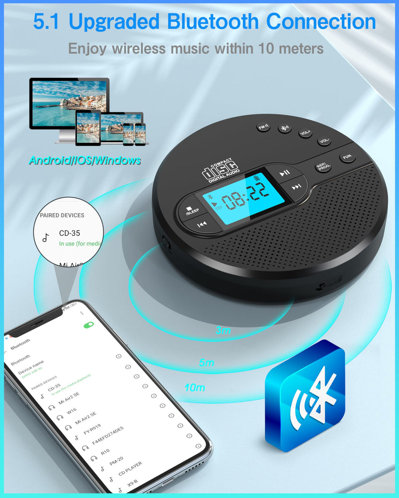 Portable CD Player with Bluetooth, Walkman CD Player with FM Transmitter and Speakers for Car, Rechargeable Discman CD Player with Anti-Skip Protection, Headphones, LCD Display (Black)