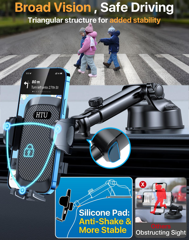 HTU Ultimate Best【Military-Grade & Safety Cert】 Universal Car Phone Holder | Cell Phone Car Mount Truck Car Mount for Dashboard Windshield Air Vent for iPhone 17 16 Pro Max, Samsung, 2pcs, Black