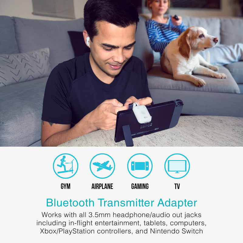 MEE audio Connect Air in-Flight Bluetooth Wireless Audio Transmitter Adapter for up to 2 AirPods / Other Headphones; Works with All 3.5mm Aux Jacks on Airplanes, Gym Equipment, TVs, & Gaming Consoles In-Flight Transmitter
