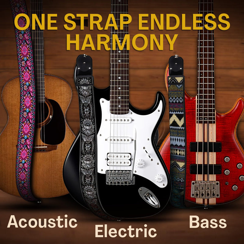 Art Tribute Guitar Strap For Acoustic, Electric and Bass Guitar, Adjustable Pink Woven Strap W/FREE BONUS 2 Picks + Strap Locks + Strap Button. Gift Set For Men & Women Guitar Players Non Personalized