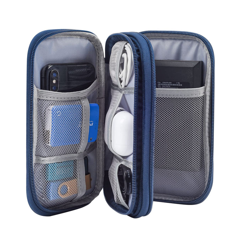Portable, Waterproof Electronics Accessories Case and Organizer Bag for Cables, USB Drives and Chargers Double Layer - Navy Blue