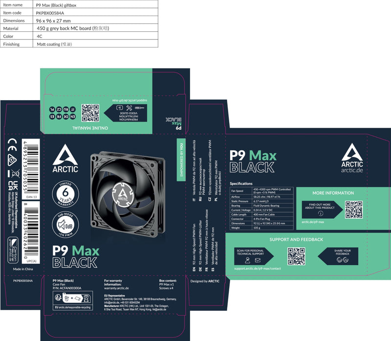 ARCTIC P9 Max - PC Fan, High-Performance 92 mm PWM case Fan, 450-4300 RPM, Optimized for Static Pressure, 0dB Mode - Black
