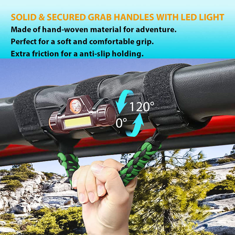 GAIZON 2 Pack Grab Handles Roll Bar Paracord for Jeep Wrangler Accessories Sahara Freedom Rubicon CJ YJ TJ JL JK LJ JLU JKU,Gladiator JT 1955-2023 Interior Accessory,Grip Handle with LED Light(Green) Green