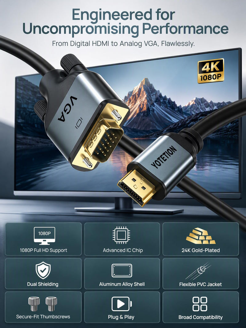 HDMI to VGA 75Ft Cable with IC, Gold-Plated HDMI to VGA Compatible for Computer, Desktop, Laptop, PC, Monitor, Projector,HDTV, Raspberry Pi, Roku, Xbox and More, Green-Gray Aluminum Shell