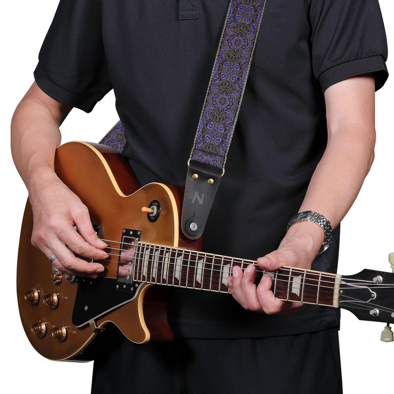 Nefelibata Guitar Strap, Vintage Embroidered Cotton Guitar Straps with Head Cowhide Leather Ends for Bass, Electric & Acoustic Guitars, with Free Strap Button, 1 Pair Strap Locks and 4 Guitar Picks Purple