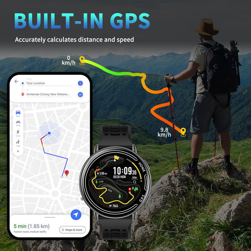 GPS Smart Watch for Men, 1.39" AMOLED Screen Smartwatches, GPS, AI, Bluetooth Call & Text, Health, 100+ Sport Modes Sleep 3ATM Waterproof Activity Fitness Tracker, Smartwatch for Android iPhone Black