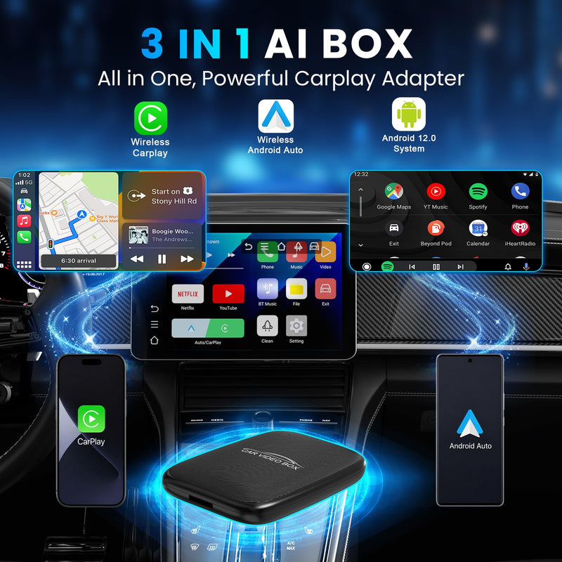 CarPlay AI Box 2026 Upgraded—Wireless CarPlay & Android Auto Adapter, Magic Video Box Support YouTube,TF Card,Wired-to-Wireless Conversion, Plug and Play carplay adapter for IOS10+/Android 11+ Small