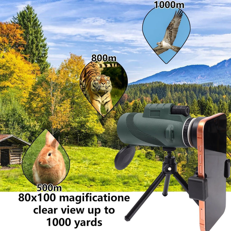 1set 80X100 Power Single Barrel Birdwatching Telescope High Definition Adults High Powered with Smartphone Adapter,15.3 * 7 Cm (Green) Green