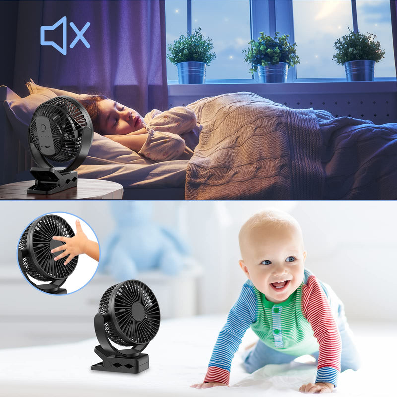 ATEngeus USB Desk Fan, 5000mAh Rechargeable Portable Fan, 5 Inch Clip-on Fan, 3 speed strong airflow, Dual 360° Rotation, with USB data cable, Suitable for home, office and stroller. (black) TF-28B-5''
