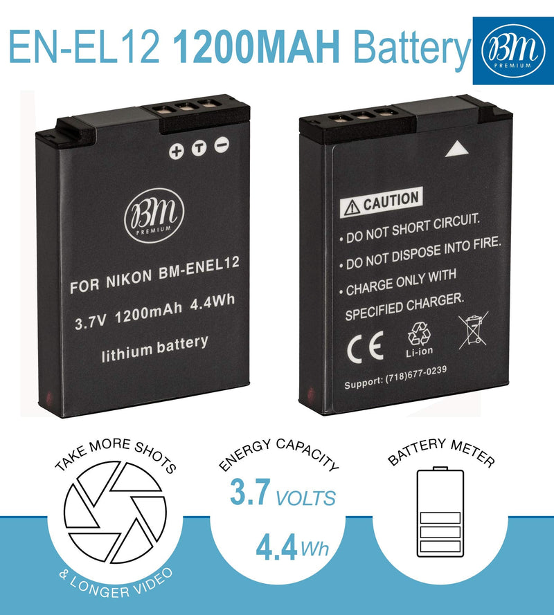 BM Premium EN-EL12 Battery and Charger for Nikon Coolpix A1000 B600 W300 A900 AW100 AW110 AW120 AW130 S6300 S8100 S8200 S9050 S9200 S9300 S9400 S9500 S9700 S9900 P310 P330 P340 KeyMission 170, 360