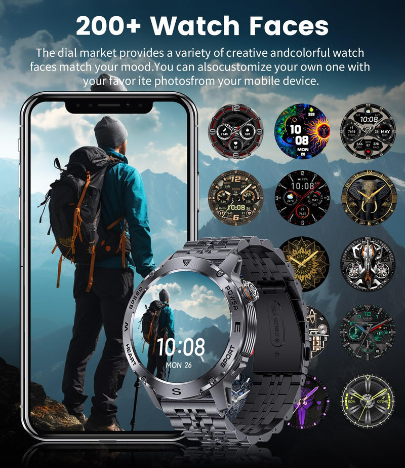 Military Smart Watch for Men, 1.43'' AMOLED Rugged Smart Watch with 600mAh Battery/Heart Rate/Blood Pressure/Sleep Monitor,IP68 Waterproof Fitness Tracker Watch for Android iPhone Black
