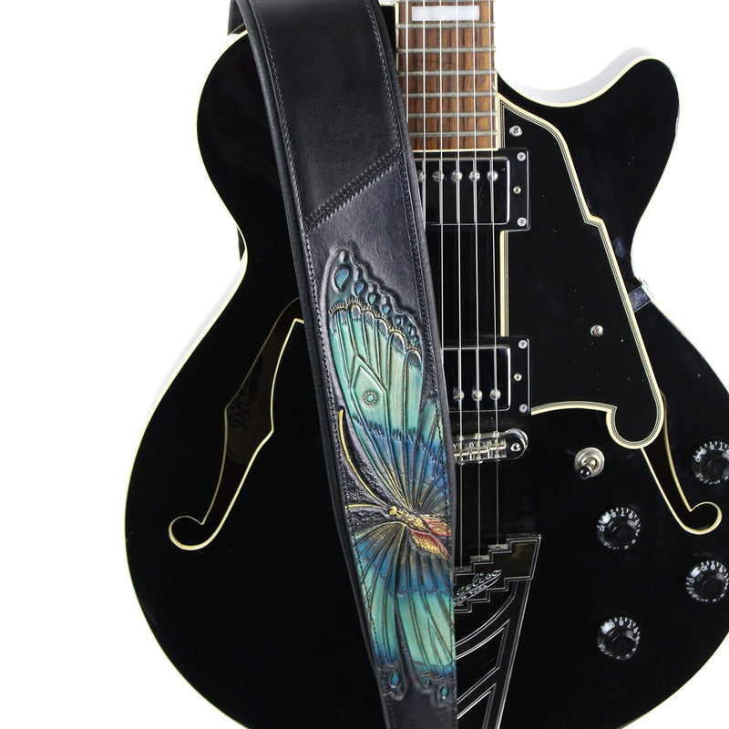 Walker And Williams KB-57 Handmade Large Vivid Blue Butterfly Padded Guitar Strap Hand Carved On Premium Black Carving Leather For Acoustic, Electric, And Bass Guitars