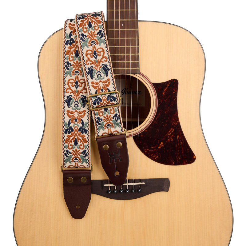 [AUSTRALIA] - Amumu Beige Brown Spades Heart Embroidery Guitar Strap - Vintage Style with Top Grain Cowhide Leather Ends & Pick Pocket - Fits Bass, Electric, Acoustic Guitars 