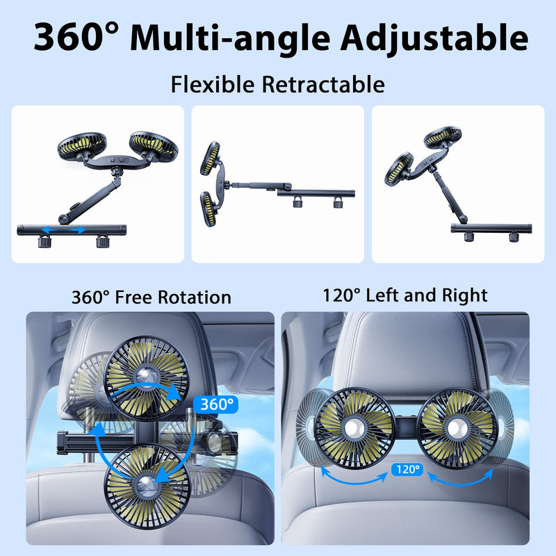 Rechargeable Fan for Car Backseat Kids with Retractable Long Arm | 360° Rotatable 3 Speeds Separate Control Car Seat Fan for Dogs Kids for Vehicles SUV RV, With Car Charger & USB C Cable Yellow - Battery