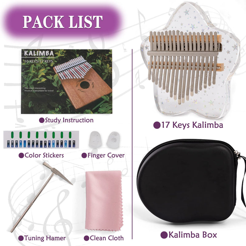 [AUSTRALIA] - Cute Kalimba Thumb Piano 17 Keys-Star Crystal Acrylic Finger Piano-Portable Mbira Musical Instruments Cute Christmas Gift with Tune Hammer and Study Instruction for Adults Beginners Star 