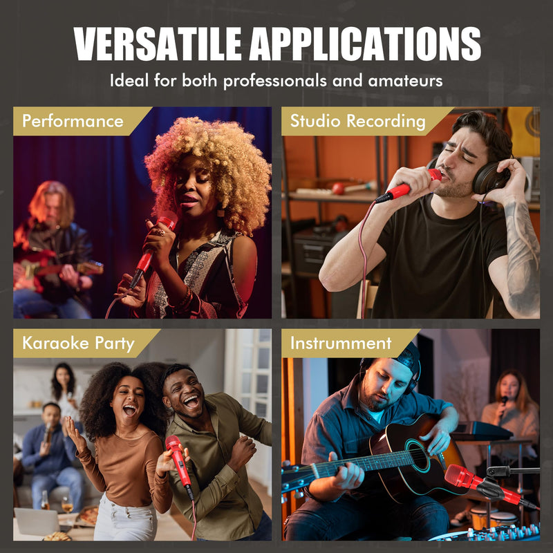 Dynamic Microphone - Professional Vocal Microphone for Singing - Premium Handheld Wired Mic with 16ft XLR to 1/4" Audio Cable - Microfono for Speaker, Mixer, Amplifier & Karaoke Machine Red