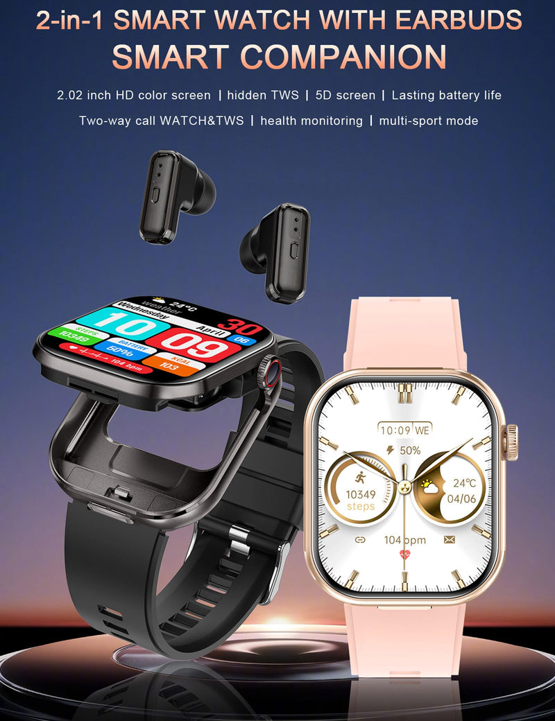 ZJX Smartwatch with Earbuds, 2.02" HD Screen Fitness Watch, Take/Dial Calls, 2-in-1 Smartwatch with TWS Headset, Waterproof Sports Fitness Tracker, Long Standby Time Black Orange
