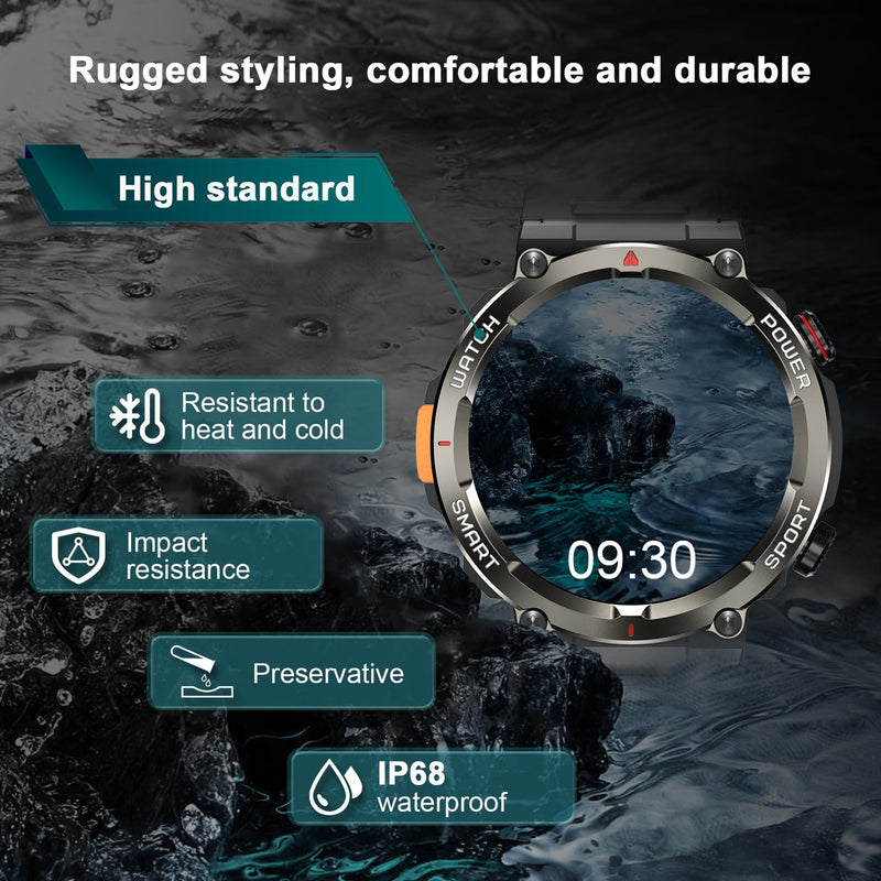 Military Tactical Smart Watches for Men, 1.45" Smart Watch for Android and iPhone, Fitness Tracker Watch with Compass & Flashlight/30-Day Battery/IP68 Waterproof/Heart Rate/120+ Sport Modes(2 Straps) Black W50pro2