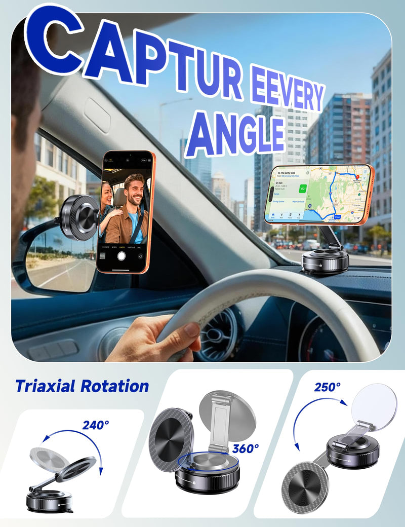 Magsafe Car Mount, Vacuum Magnetic Phone Holders for Your Car | [Easiest Mount] 105LBS Strong Suction Car Phone Holder, [Compact Design] Car Phone Mount, for iPhone 17-12, Pixel 10, Samsung Black
