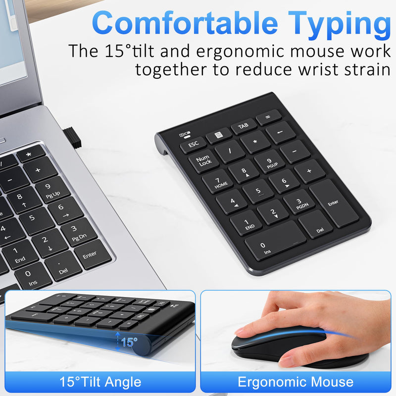 Wireless Number Pad and Mouse, 22 Keys USB Keypad and 3 Adjustable DPI Silent Mouse Set, 2.4GHz Numeric Pad for Laptop, Notebook, PC Computer, Desktop, Mac - One USB Receiver
