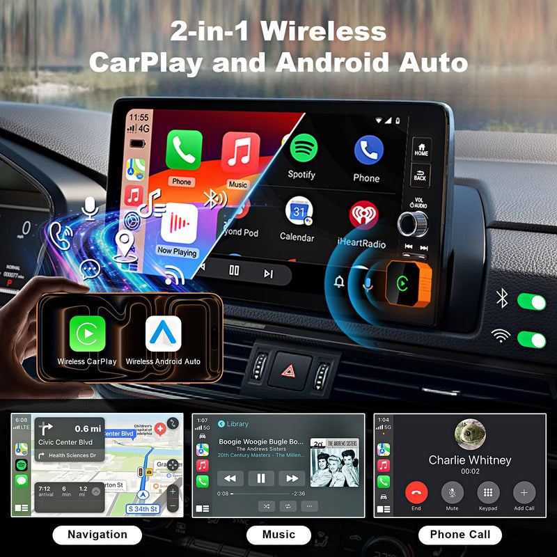 Wireless CarPlay Adapter 2-in-1 | 2026 Upgraded, Apple iPhone iOS 10+ & Android 11+, USB/Type-C Port, Plug & Play, Fast Auto-Reconnect & Stable No-Latency