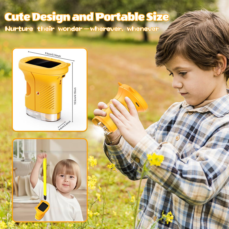 [AUSTRALIA] - Kids Microscope, 1000X Portable Mini Pocket Microscope with 2.4″ IPS Screen & 8 LEDs, Rechargeable, STEM Educational Science Kit Toys, Best Christmas Birthday Gifts for 4-12 Year Old Girls Yellow 