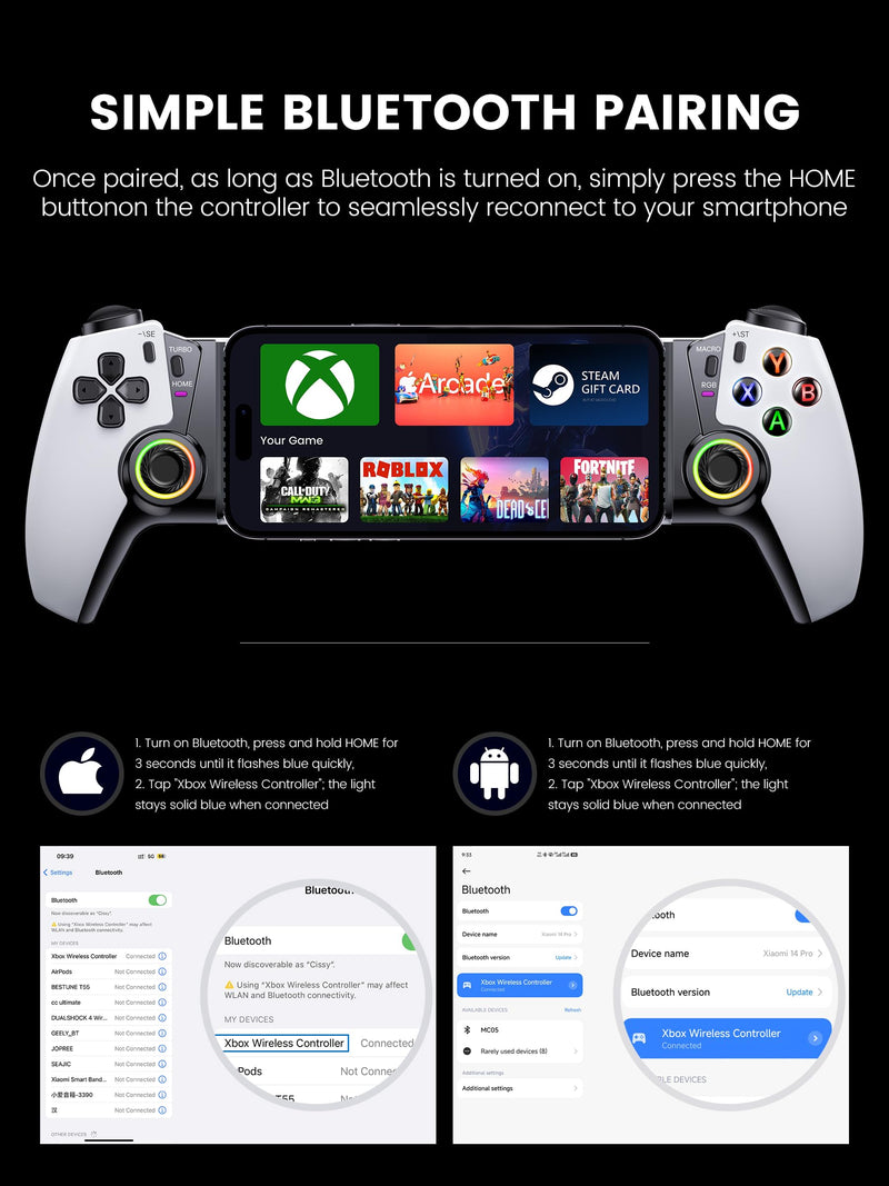 KICKDOT Mobile Gaming Controller with TMR Joysticks & Hall Triggers, No Drift Bluetooth Gamepad for iPhone (iOS)/Android/Switch 2/1/OLED - Wireless Controller for Xbox Cloud/Steam Link, RGB Light, Turbo Macro Back Buttons, Long Battery White