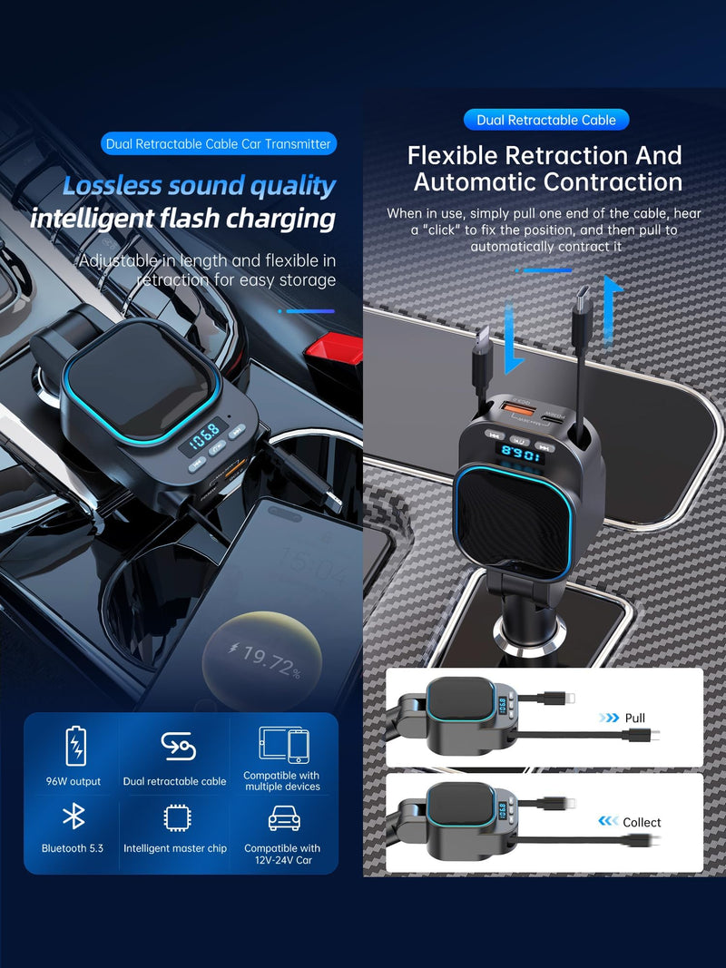 Retractable 96W Car Charger with Bluetooth 5.3 FM Transmitter for High Sound Quality, Easy Setup, 4-in-1 Fast Charging, Handsfree Calling, USB-C Adapter for iPhone 11-17