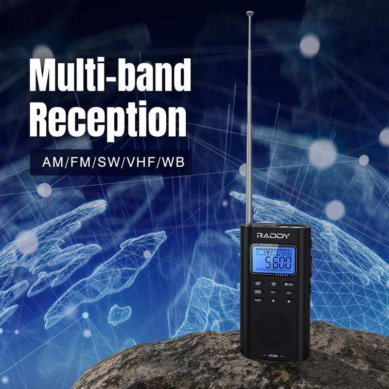 [AUSTRALIA] - Raddy RF886 Portable Shortwave Radio AM/FM/SW/VHF/WB Digital Radio BT Connection with NOAA and Alert, Rechargeable Pocket w/ 9.85 Ft Wire Antenna 5-Band 