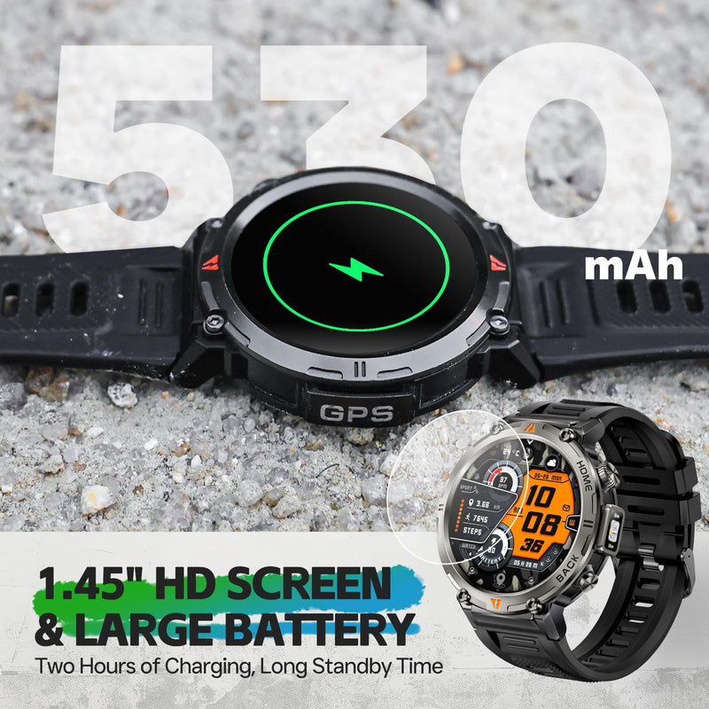 Military Smart Watch for Men, GPS Watch with Flashlight 3ATM Waterproof | Rugged Tactical Smartwatch with Bluetooth Calling Compass 1.45'' HD Sports Watch Fitness Watch Compatible with iPhone Samsung BK