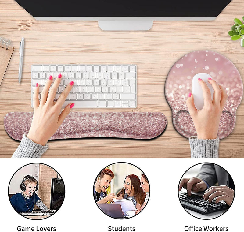 Ergonomic Mouse Pad Wrist Support Gel and Keyboard Wrist Rest Set for Laptop, Mac, Gaming and Office, Durable, Comfortable and Pain Relief + Coaster , Pink