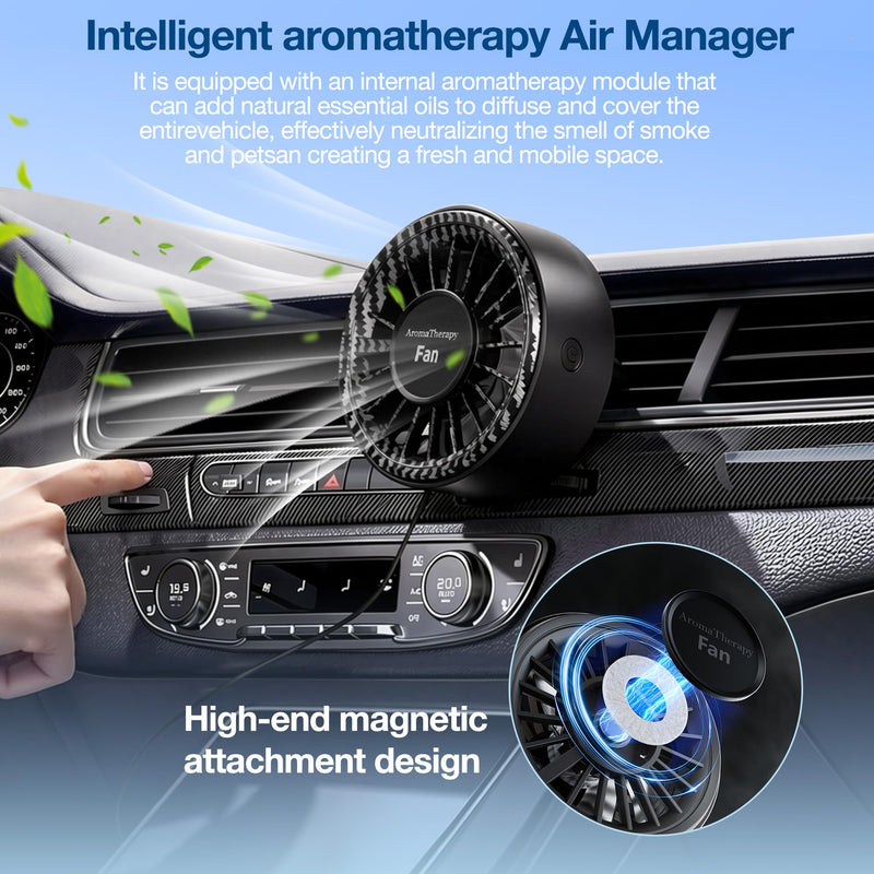 Mini Portable Car Fan, USB Small Clip Fan for Car Vent with Colorful Lights, Powerful 3 Speed with Detachable Car fragrance, 360° Rotate Air Circulation for Vehicle, Van, Truck, SUV, RV Black-2