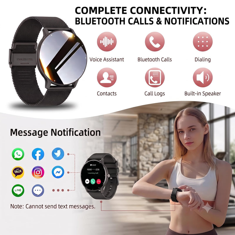 LAKEYLOYI Smart Watch Men Women (Answer/Make Calls), Fitness Watch with 100+ Sport Modes, IP67 Waterproof/Heart Rate/Sleep Monitor, Smart Watches for iOS/Android with 2 Bands Black