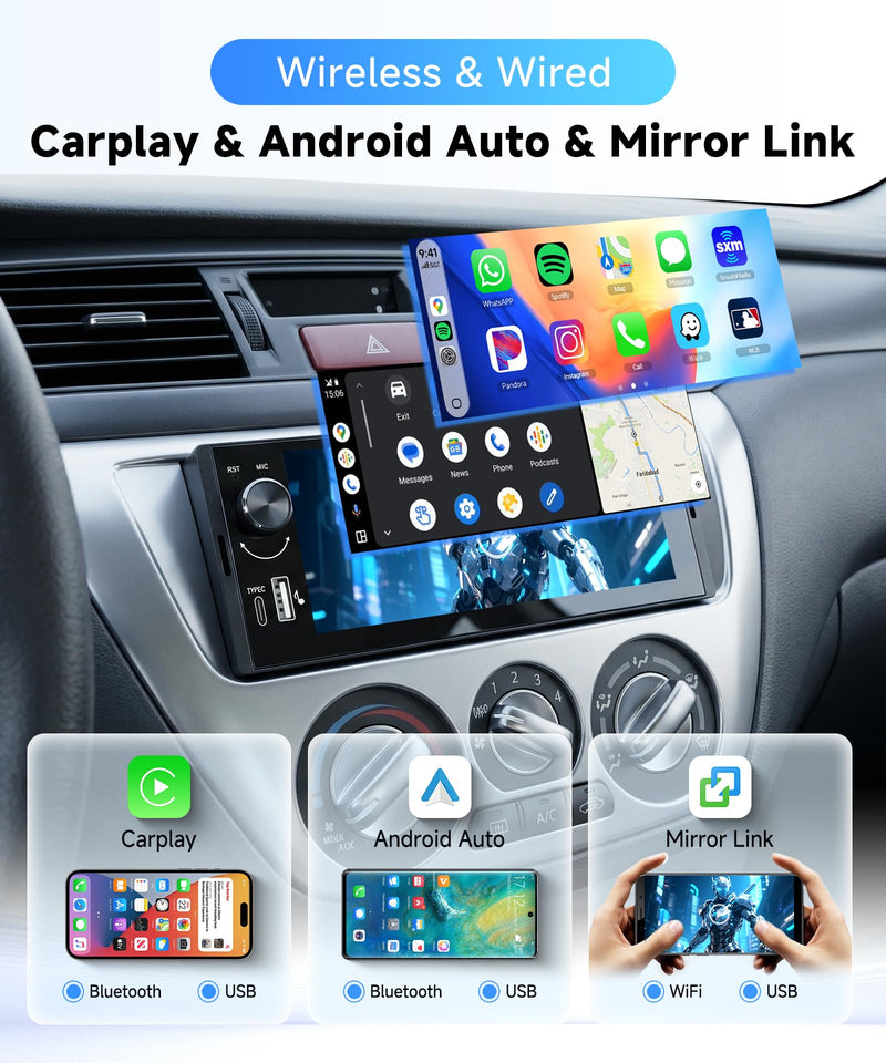 Single Din Car Stereo with 6.36 Inch Touch Screen, Wireless CarPlay & Android Auto, Mirror Link, Online Video, Bluetooth, FM Radio, 16-Band EQ, Backup Camera Included, SWC, USB/Type-C, Physical Knobs