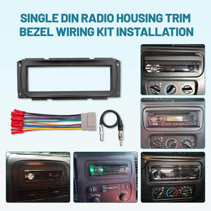 Single DIN Radio Dash Kit W/Radio wiring Antenna Adapter for Select 2002-2007 Chrysler/Dodge/Jeep, Single Din Radio Mount Housing Bracket Trim Bezel Kit Installation Aftermarket Stereo