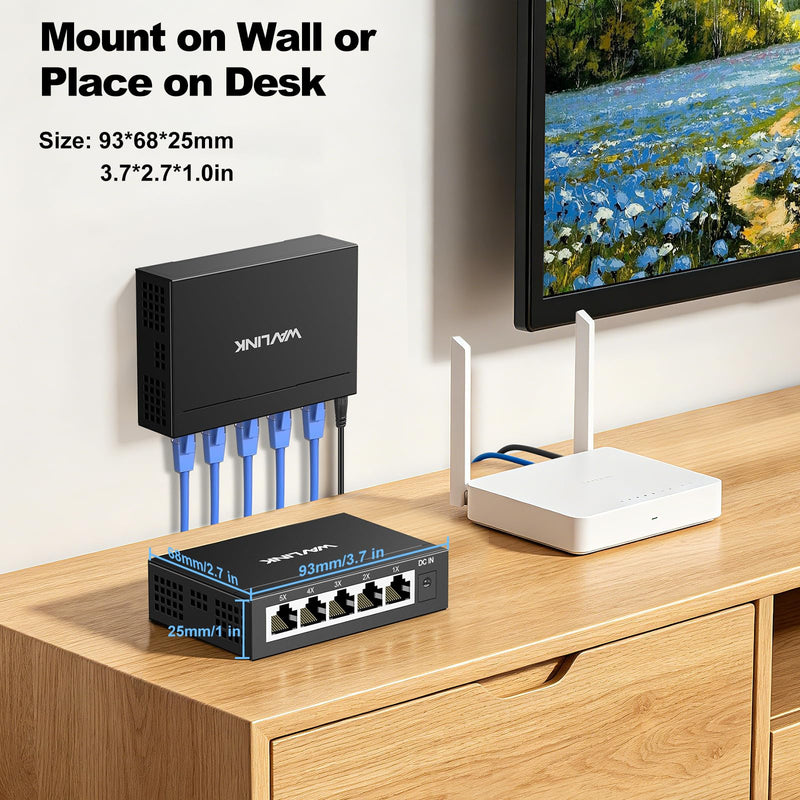 WAVLINK 5-Port Gigabit Ethernet Unmanaged Switch, Home Network Hub, Office Ethernet Splitter, Plug & Play, Desktop/Wall Mount, Silent Operation, Metal Case Non-PoE 5 Port