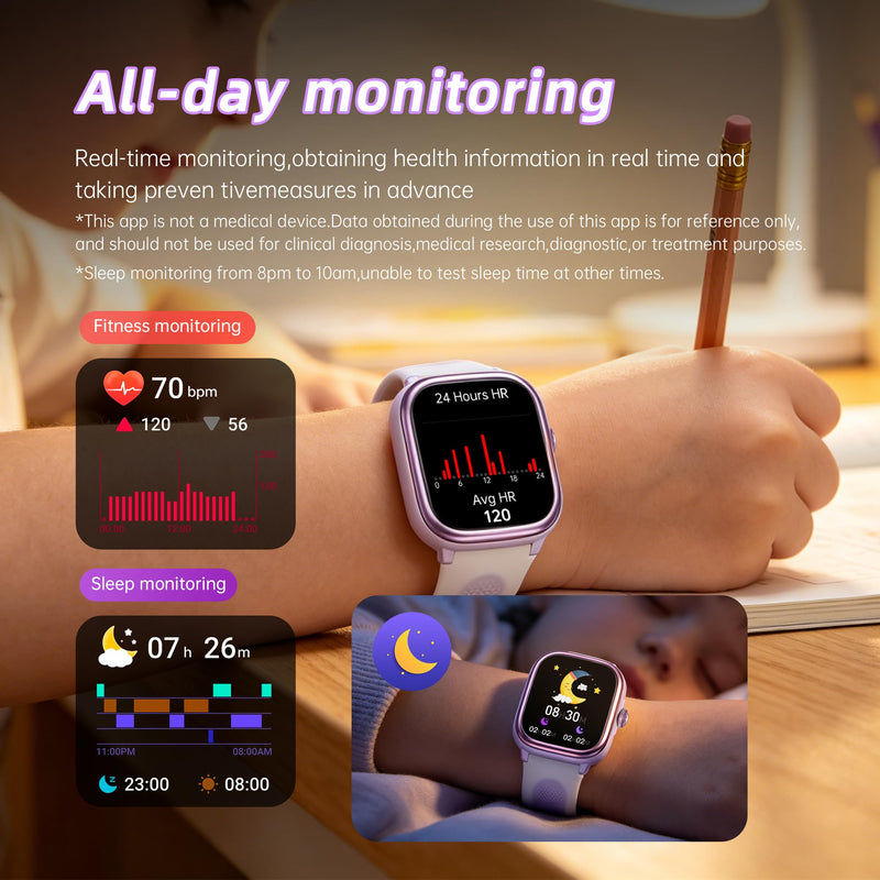 Kids Smart Watch for Boys Girls Ages 5-14, NO Phone/APP Needed | LED Flashlight, Games, Heart Rat, Sleep Monitor, Multiple Sports Modes, IP68 Waterproof, Steps Tracker Fitness Watch 1.83" Purple