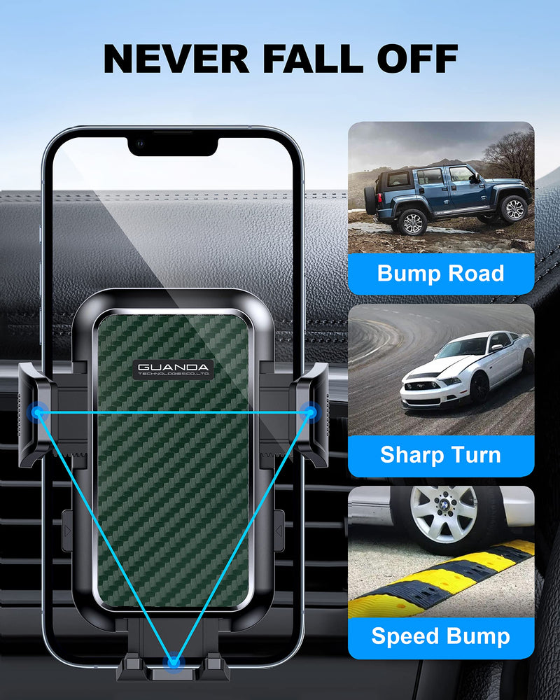 Air Vent Car Phone Holder, Stable Metal Hook, Wide Clamp, Anti-Vibration | Rotatable smartphone mount with one-press release and heat-resistant grip; fits large iPhone and Android phones with cases. AC-Cyan
