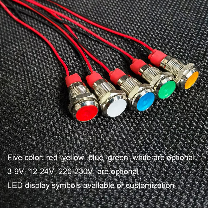 [AUSTRALIA] - GUUZI 10mm LED Indicator Light 12-24V Waterproof Signal Light Metal Plate LED Indicator Signal Light Plate Mount Flat Head with Wires Silver Housing (Red, 4 Pack) Red 